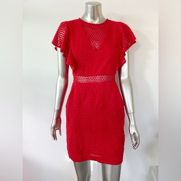Maje Red Dress Roucoul Lace Heart embroidered Mini ruffle sleeve size 2 - Picture 4 of 11